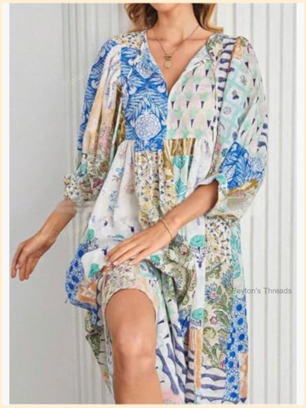 Boho Floral Printed Long Maxi Dress with Lantern Sleeves and Pockets - Picture 3 of 7